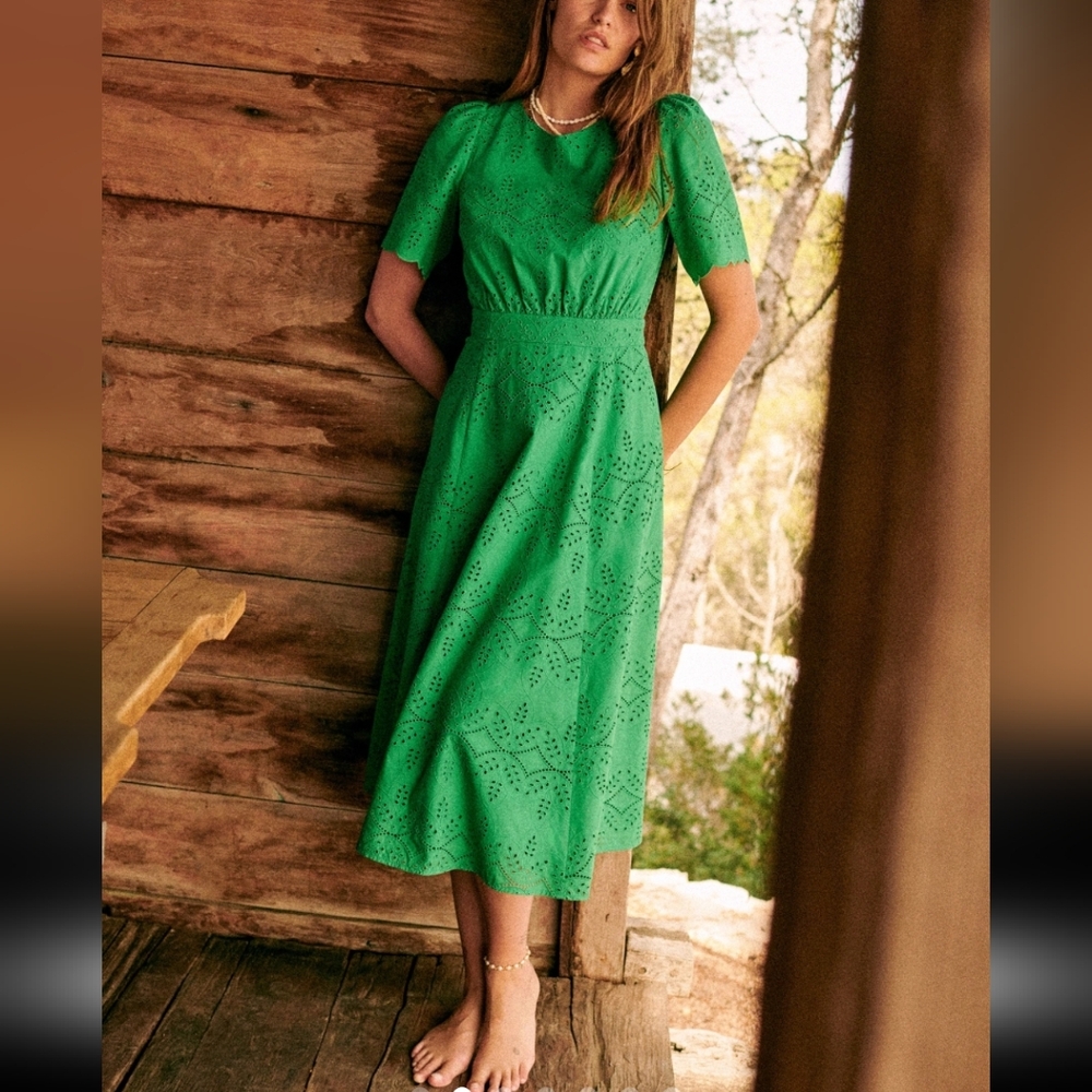 Sezane Ladya  Bright Green Eyelet Midi Dress